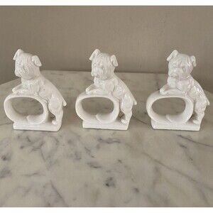 Vintage Ceramic White English Bulldog Napkin Ring Holders Set Of 3 Rings Japan